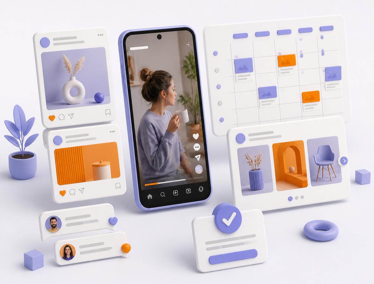 Composição com publicação de feed, carrossel, Reel em smartphone e calendário editorial