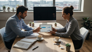 Uma equipa de profissionais a trocar ideias sobre estratégias de marketing digital num ambiente de escritório.