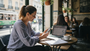 Empresário de uma pequena cafetaria a tratar das redes sociais enquanto está no balcão