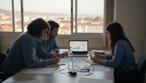 Equipa reduzida de uma PME a discutir estratégias de marketing