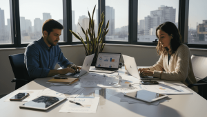 Sessão de trabalho de marketing digital num escritório cheio de luz natural