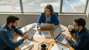 Uma equipa pequena a definir, em conjunto, a estratégia de marketing.