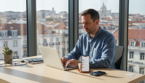 Gestor de redes sociais a trabalhar no escritório, concentrado no portátil.