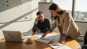 A equipa de uma pequena empresa analisa os relatórios de marketing.