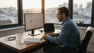 Especialista em SEO a trabalhar no escritório, analisando dados e relatórios no portátil