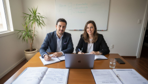 Equipa de uma PME reunida no escritório, a trabalhar em conjunto com um computador portátil.