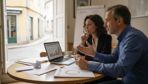 Empresários de pequenas e médias empresas a discutir estratégias de SEO numa reunião