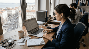 Empresária a organizar o seu email no escritório de canto