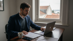 Empresário português a analisar os resultados das vendas no escritório