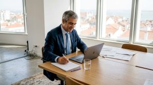 Responsável de PME a analisar e ajustar estratégias no escritório