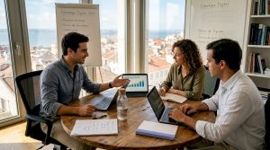 Uma equipa reduzida a definir estratégias de marketing digital no escritório.