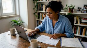 Mulher organiza ideias para conteúdos digitais a partir do seu escritório em casa.