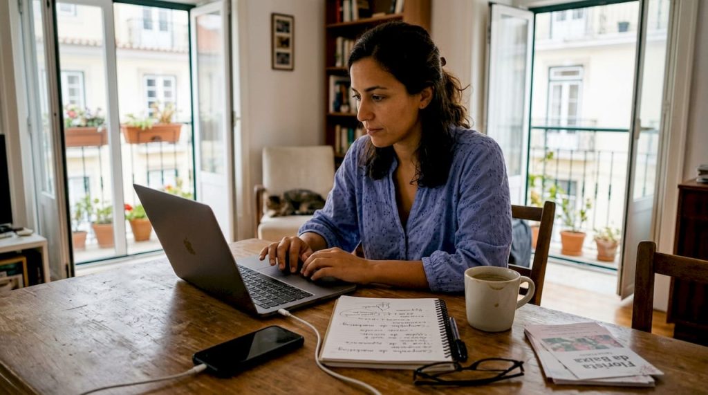 Mulher responsável pela gestão do marketing digital de um pequeno negócio