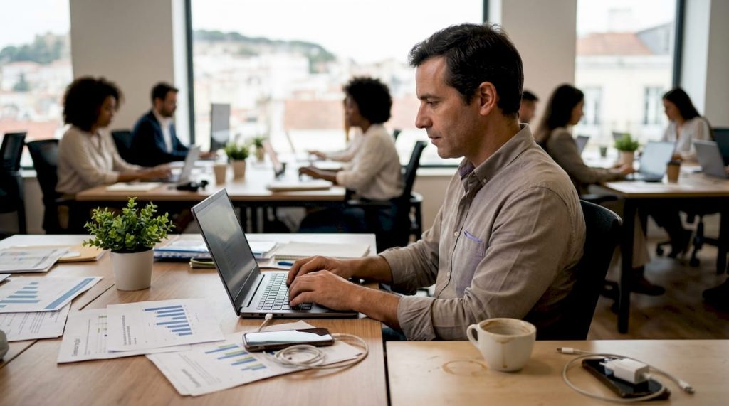 Gestor de uma pequena empresa a desenvolver o seu trabalho num ambiente digital