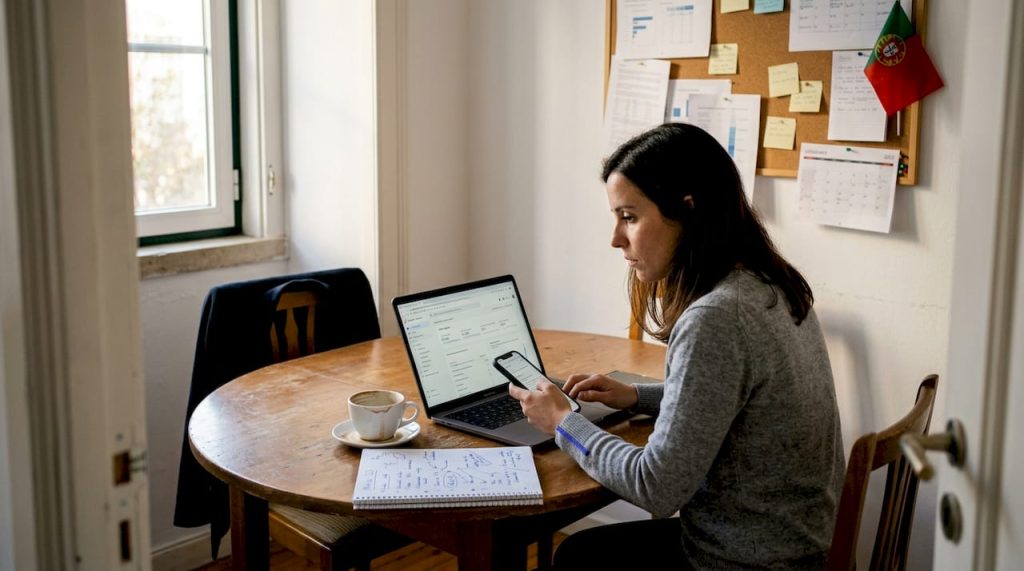 Gestora de uma PME a coordenar tarefas num ambiente de trabalho digital