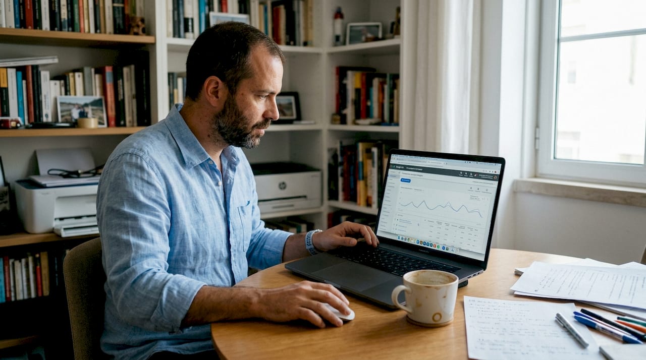 Empresário a analisar as campanhas de remarketing no conforto de casa